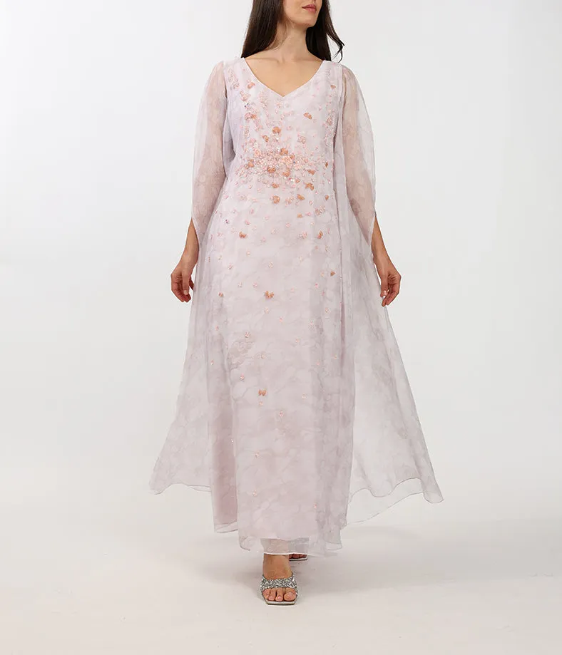Champagne Cape Dress With Handcrafted Embellishments