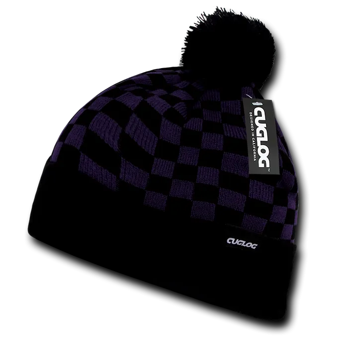 Changbai Checker Beanie, Plaid Knit Cap, Soft Cuff Beanie with Pom Pom - Cuglog K019