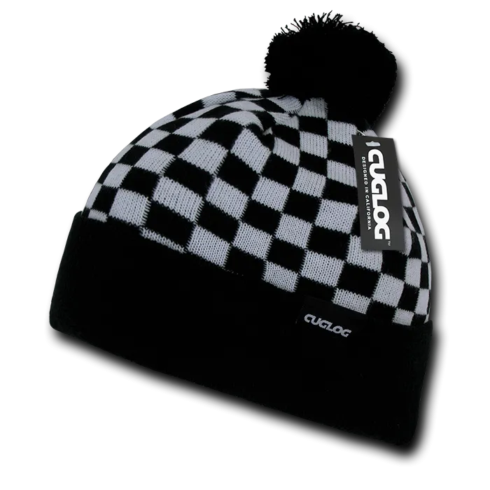 Changbai Checker Beanie, Plaid Knit Cap, Soft Cuff Beanie with Pom Pom - Cuglog K019
