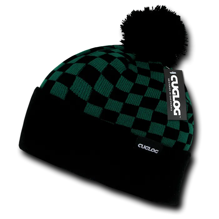 Changbai Checker Beanie, Plaid Knit Cap, Soft Cuff Beanie with Pom Pom - Cuglog K019