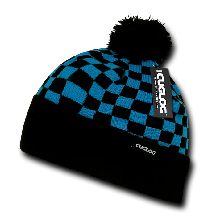 Changbai Checker Beanie, Plaid Knit Cap, Soft Cuff Beanie with Pom Pom - Cuglog K019