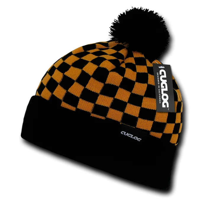 Changbai Checker Beanie, Plaid Knit Cap, Soft Cuff Beanie with Pom Pom - Cuglog K019
