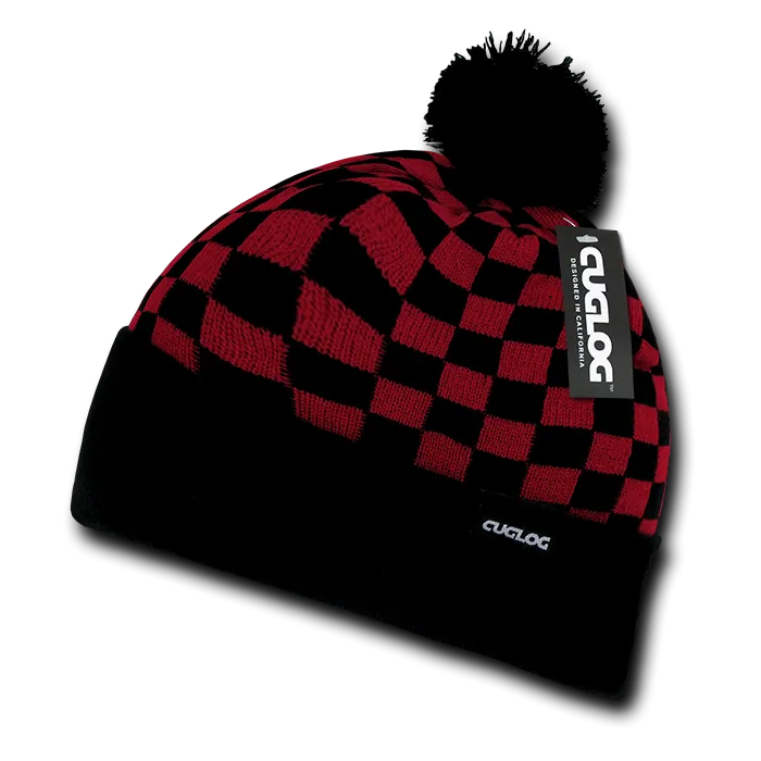 Changbai Checker Beanie, Plaid Knit Cap, Soft Cuff Beanie with Pom Pom - Cuglog K019