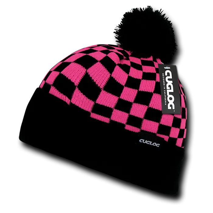 Changbai Checker Beanie, Plaid Knit Cap, Soft Cuff Beanie with Pom Pom - Cuglog K019