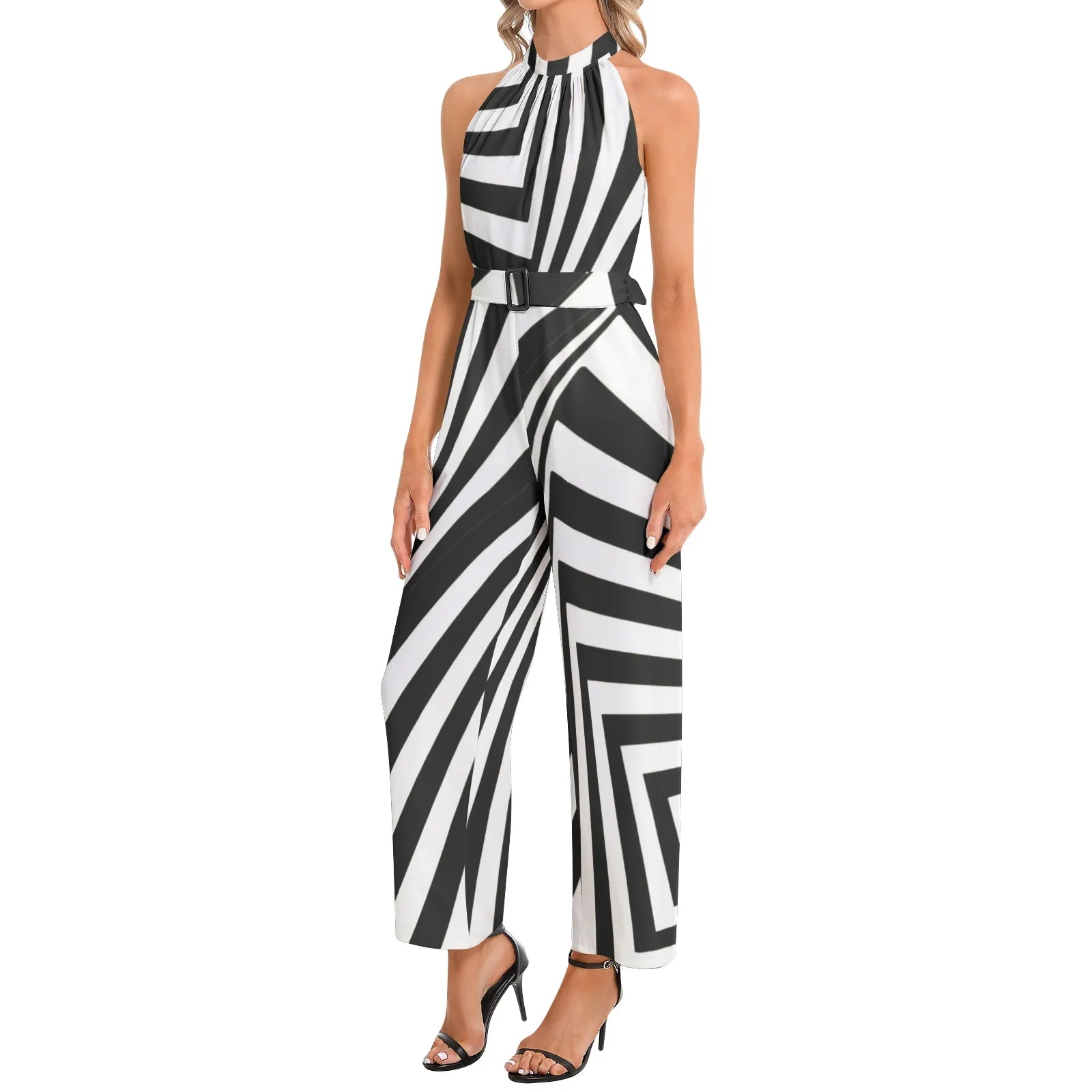 Concentric Window Panes Halter Neck Buckle Belted Jumpsuit