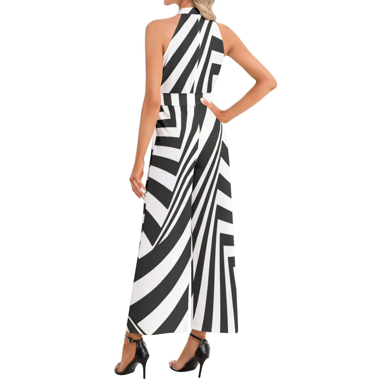 Concentric Window Panes Halter Neck Buckle Belted Jumpsuit