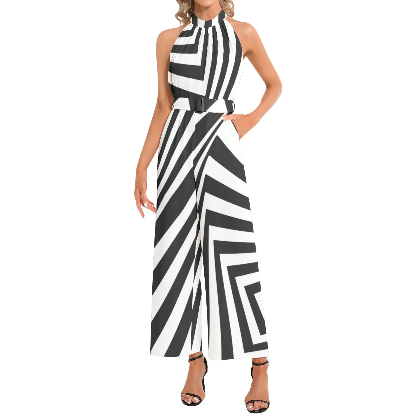 Concentric Window Panes Halter Neck Buckle Belted Jumpsuit