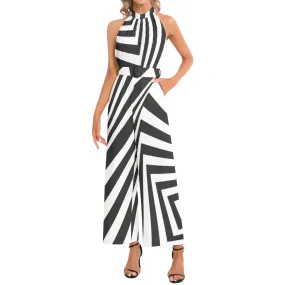 Concentric Window Panes Halter Neck Buckle Belted Jumpsuit