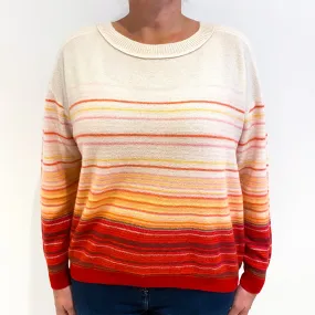 Cream, Red, Orange and Pink Striped Cashmere Crew Neck Jumper Large