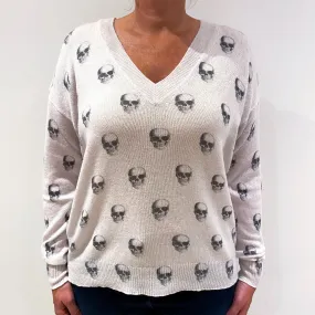 Cream Skull Pattern Slouchy Cashmere V-Neck Jumper Large
