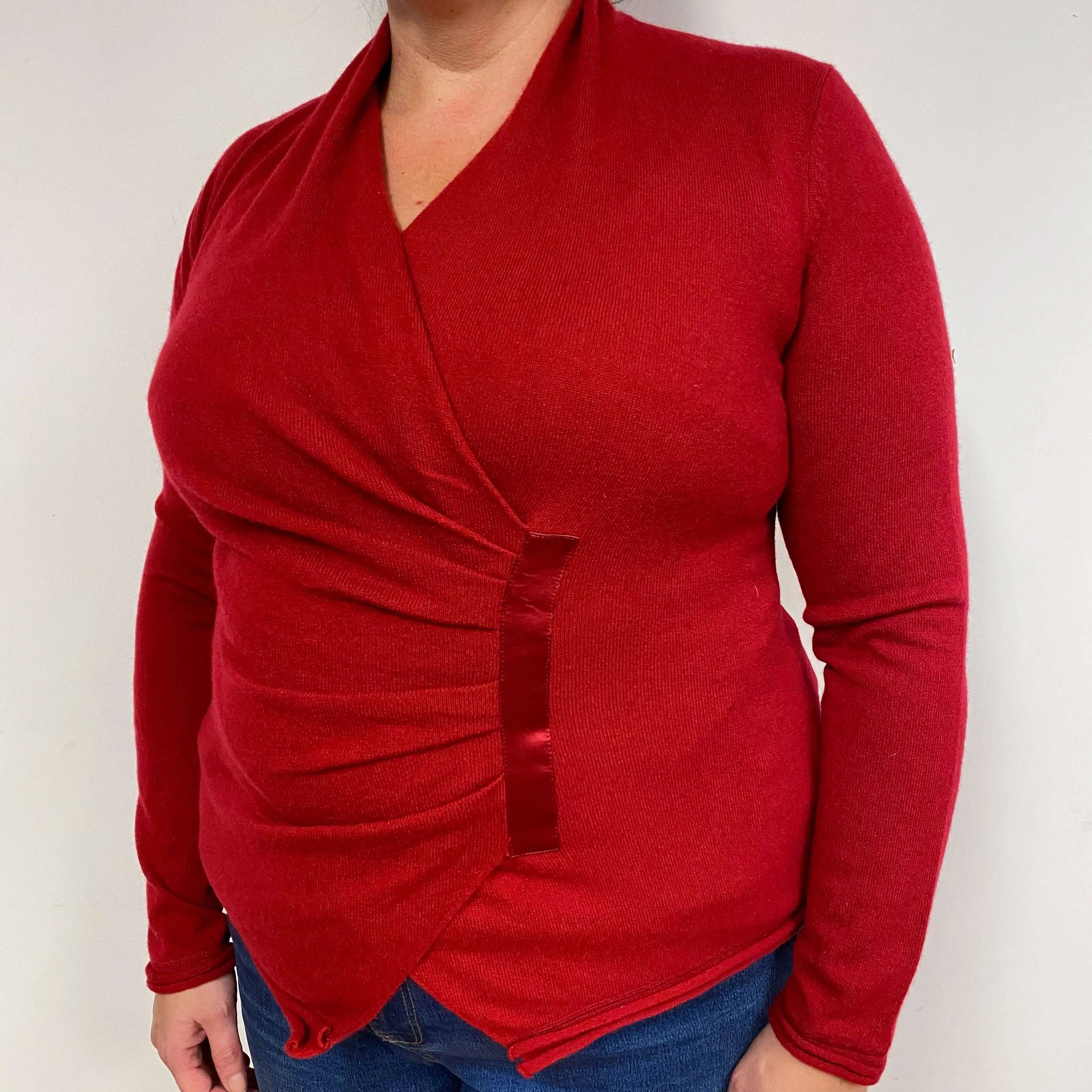 Crimson Red Cashmere Cross Over V-Neck Jumper Extra Large
