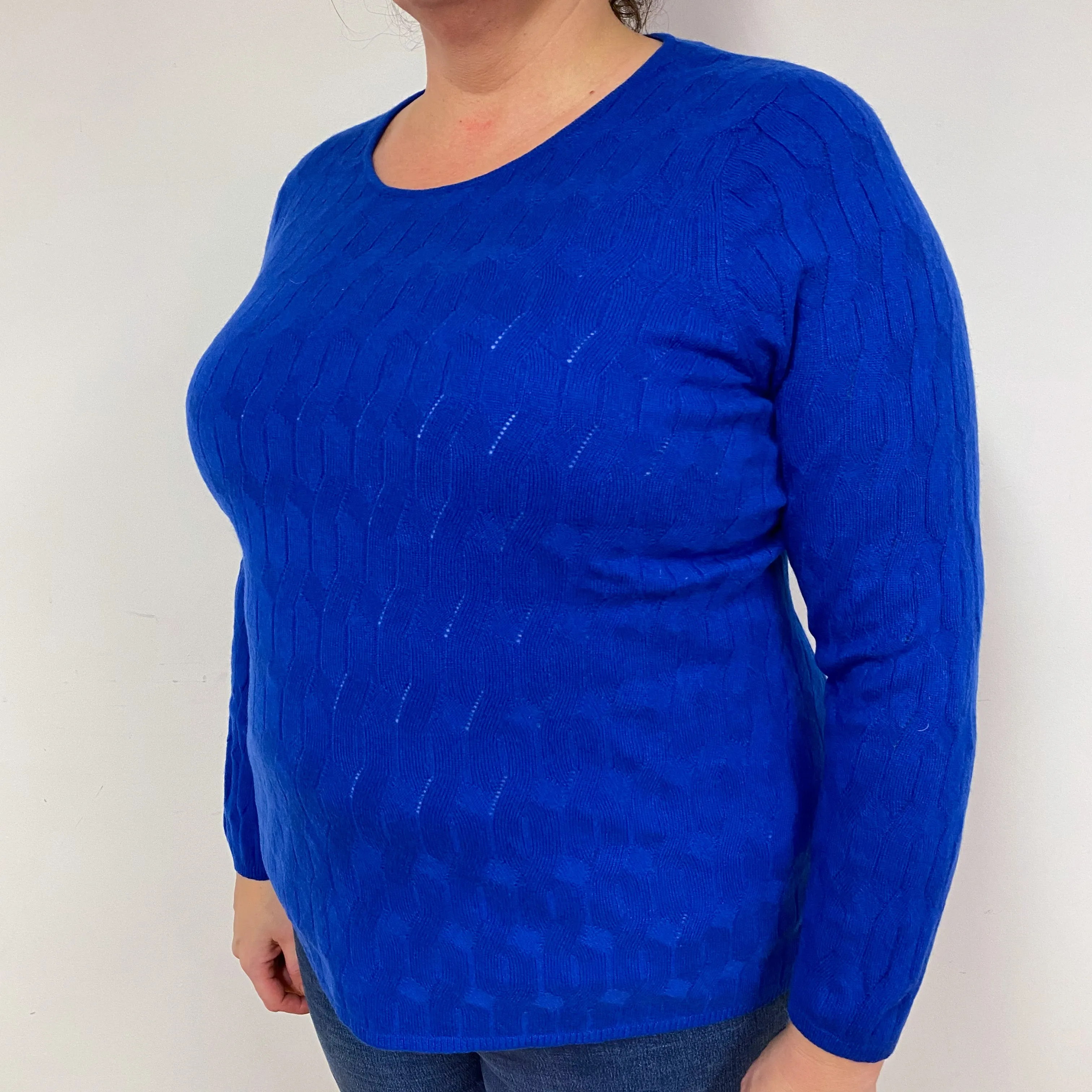 Deep Blue Lace Knit Cashmere Crew Neck Jumper Extra Large