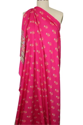Double Floral Border Print Rayon Challis - Orange/Blues on Barbie Pink