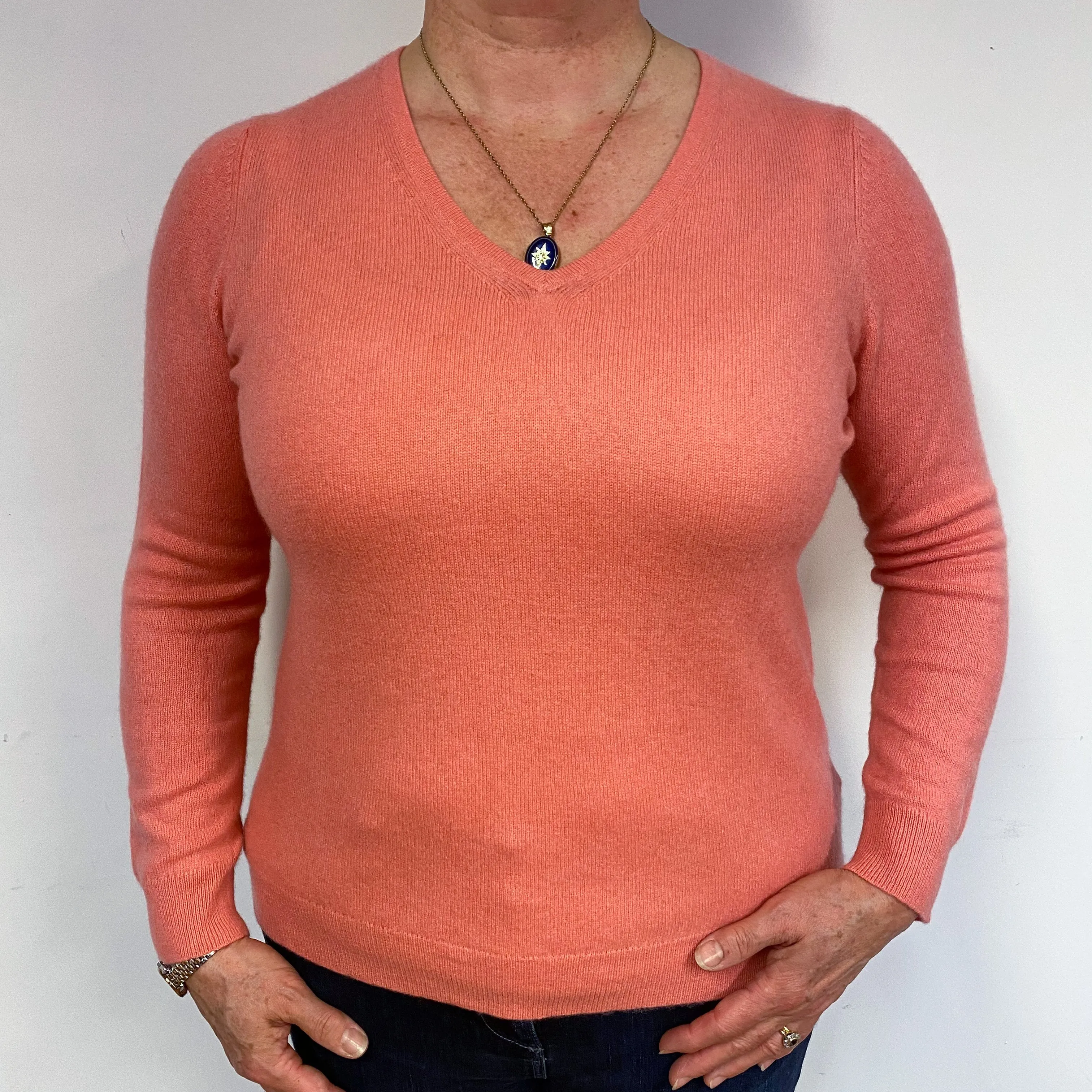 Faded Coral Pink Cashmere V-Neck Jumper Large