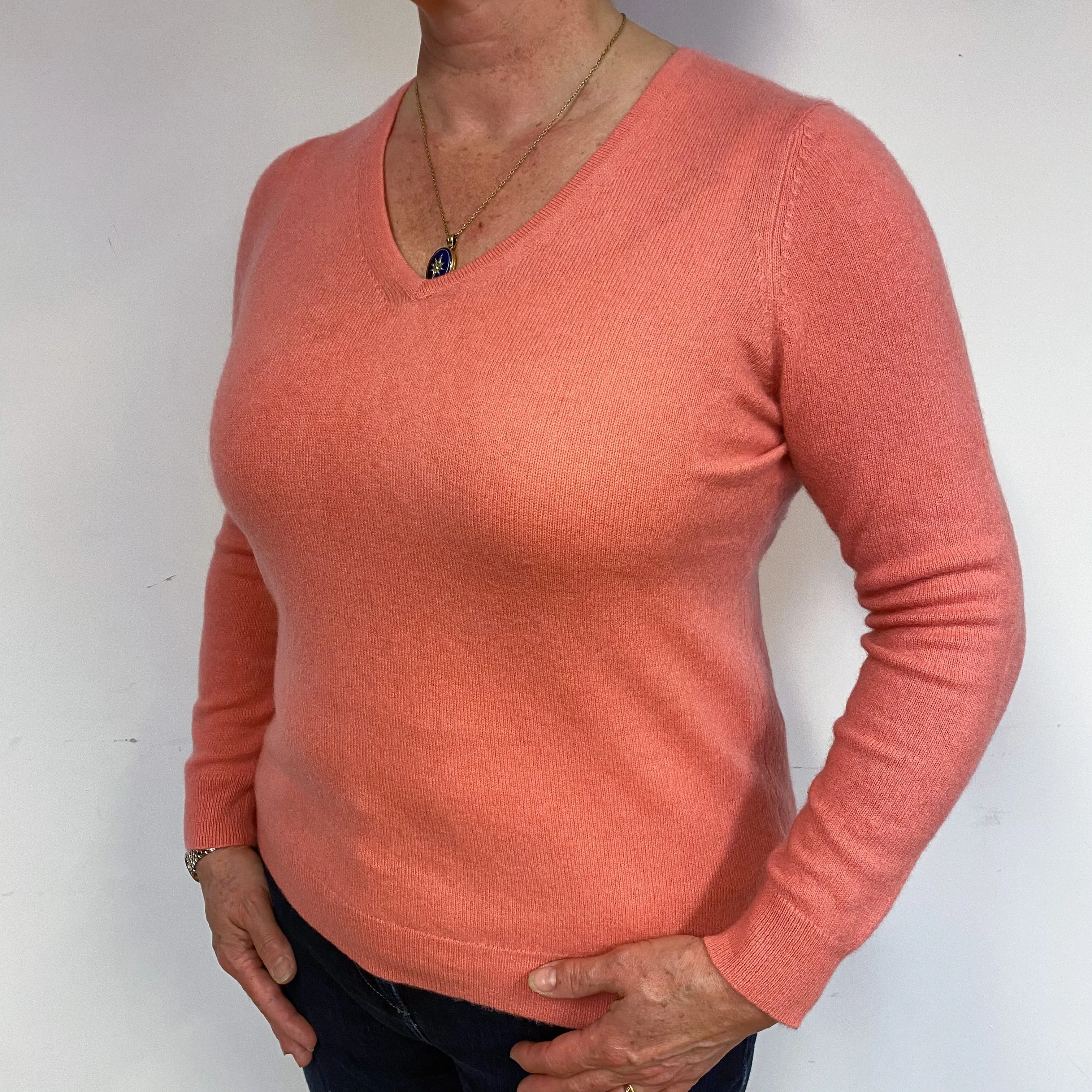 Faded Coral Pink Cashmere V-Neck Jumper Large