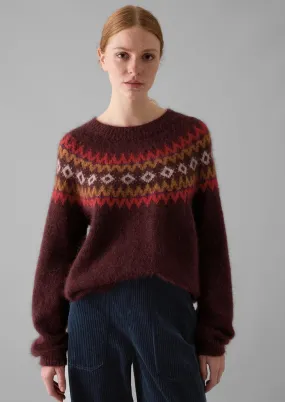 Fair Isle Yoke Mohair Blend Easy Sweater in Red & Multicolour