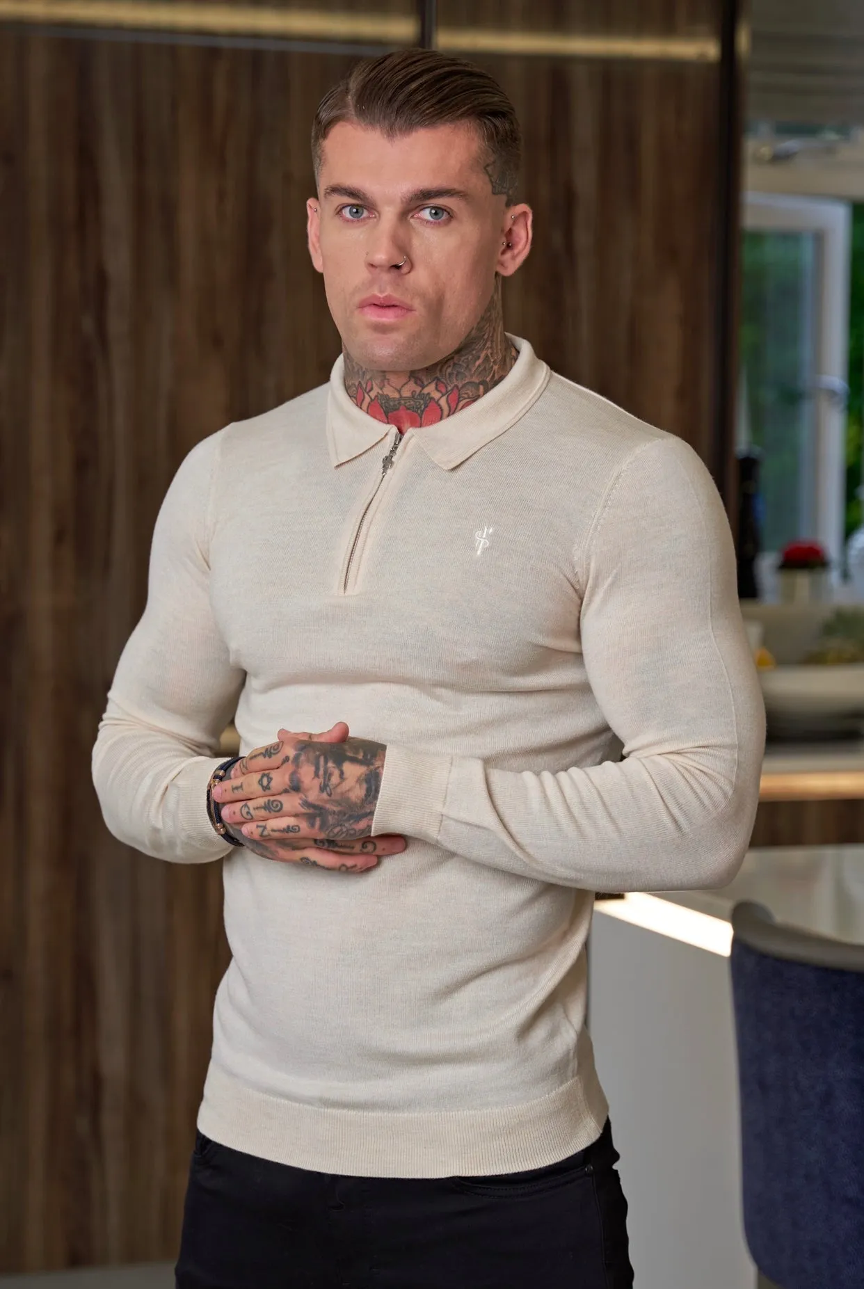 Father Sons Classic Beige Merino Wool Knitted Zip Polo Long Sleeve Jumper With FS Embroidery- FSN008