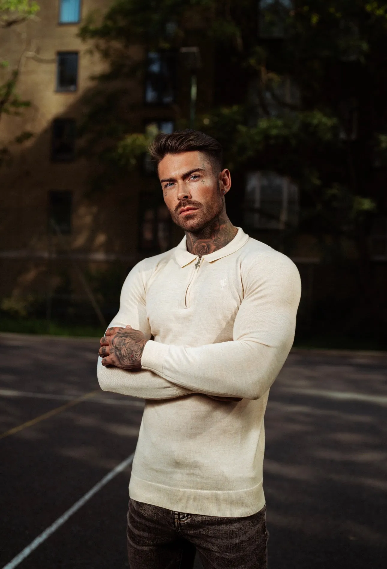 Father Sons Classic Beige Merino Wool Knitted Zip Polo Long Sleeve Jumper With FS Embroidery- FSN008
