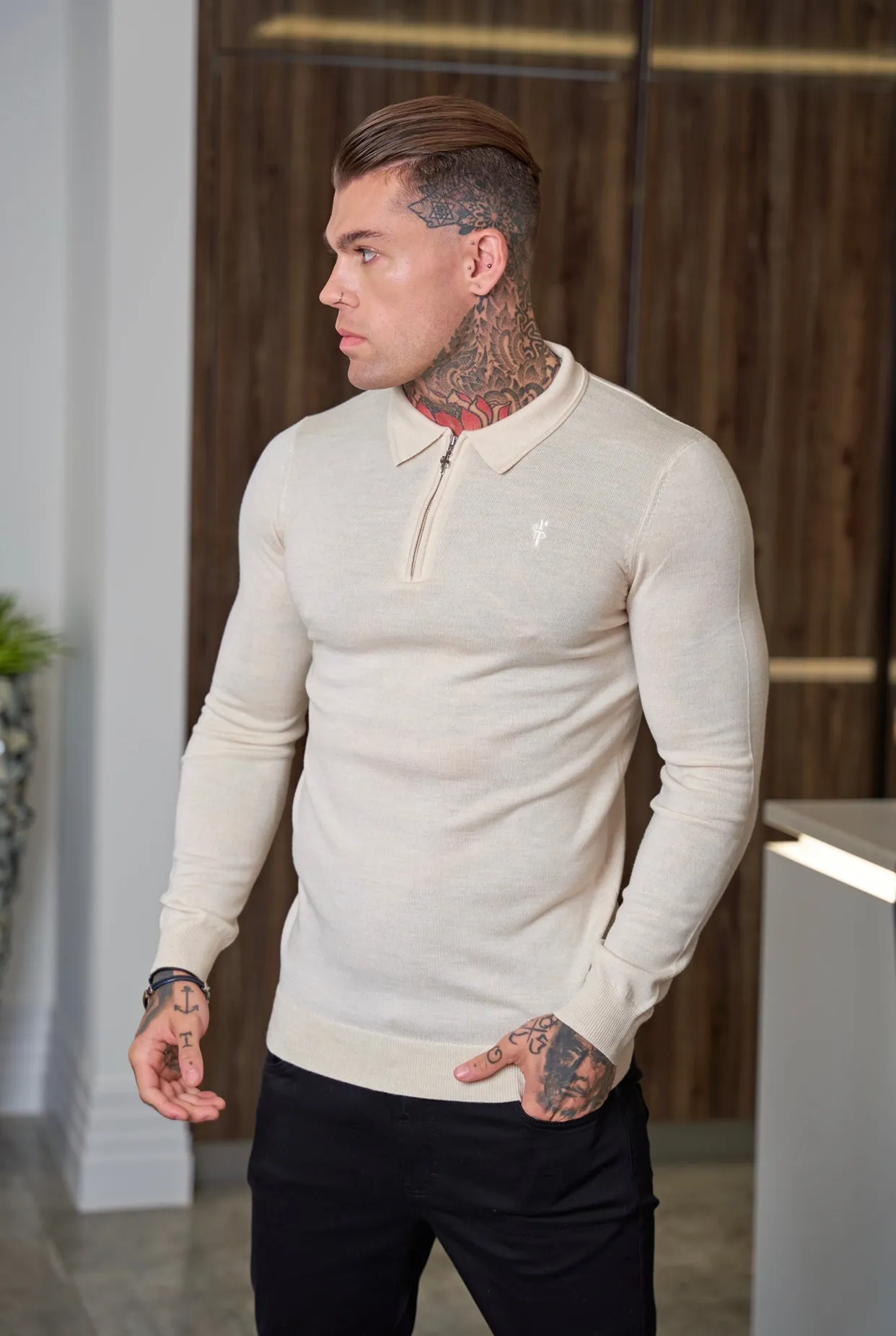Father Sons Classic Beige Merino Wool Knitted Zip Polo Long Sleeve Jumper With FS Embroidery- FSN008