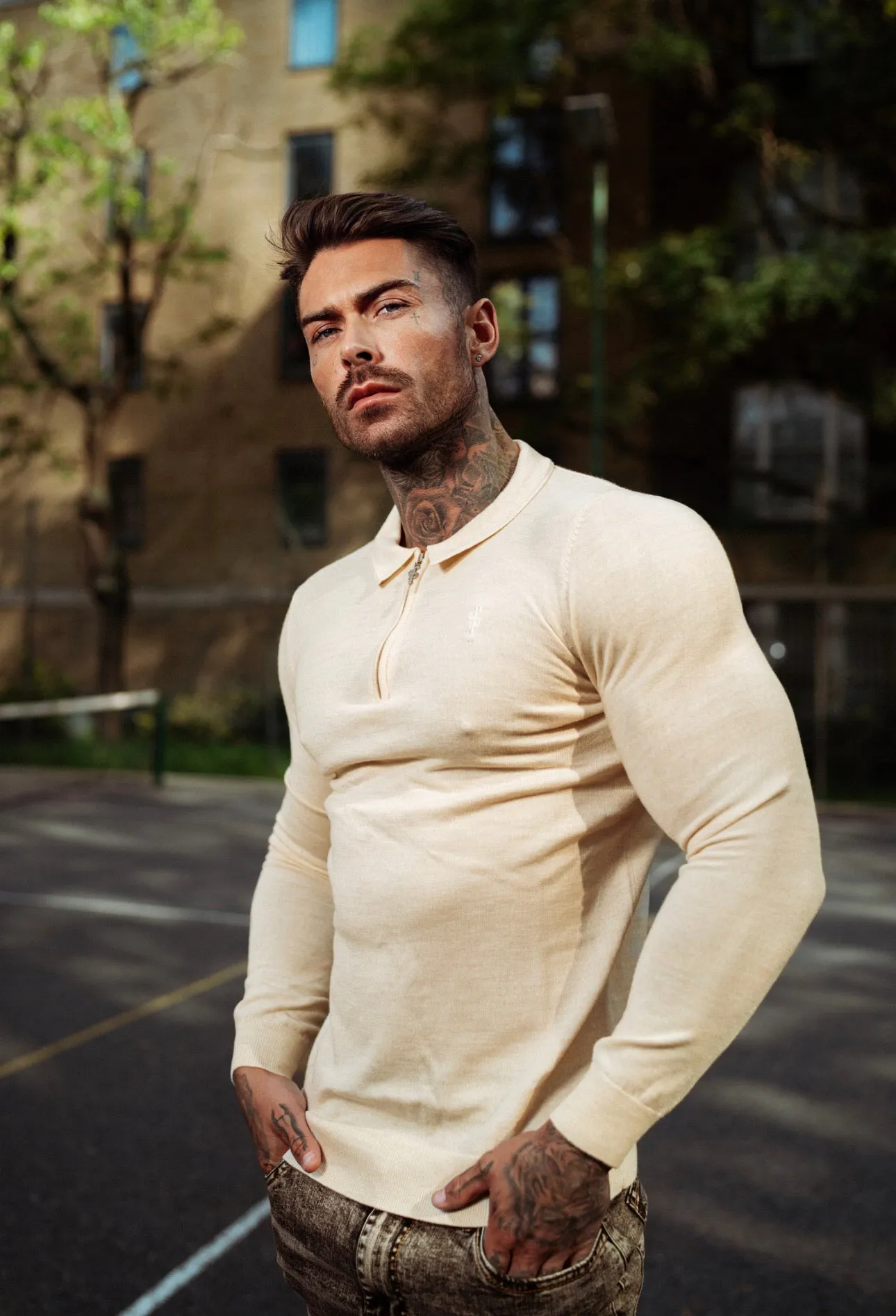 Father Sons Classic Beige Merino Wool Knitted Zip Polo Long Sleeve Jumper With FS Embroidery- FSN008