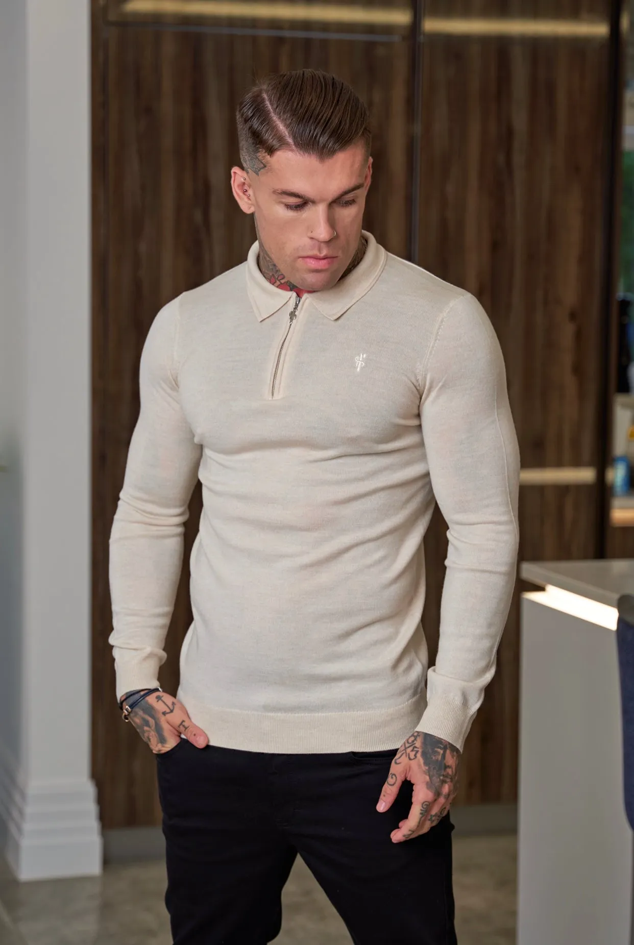 Father Sons Classic Beige Merino Wool Knitted Zip Polo Long Sleeve Jumper With FS Embroidery- FSN008