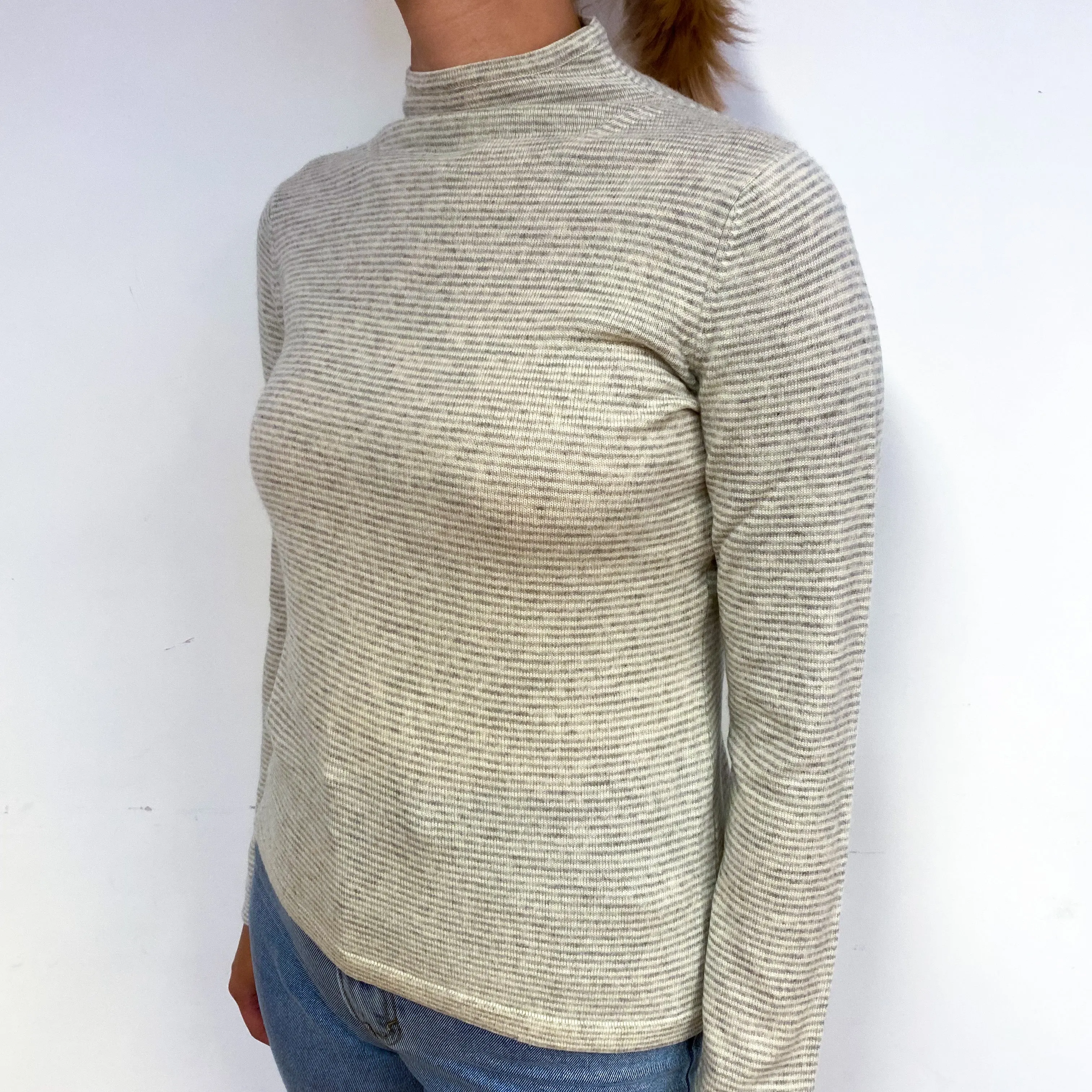Frost Grey Pinstripe Cashmere Turtle Neck Jumper Small