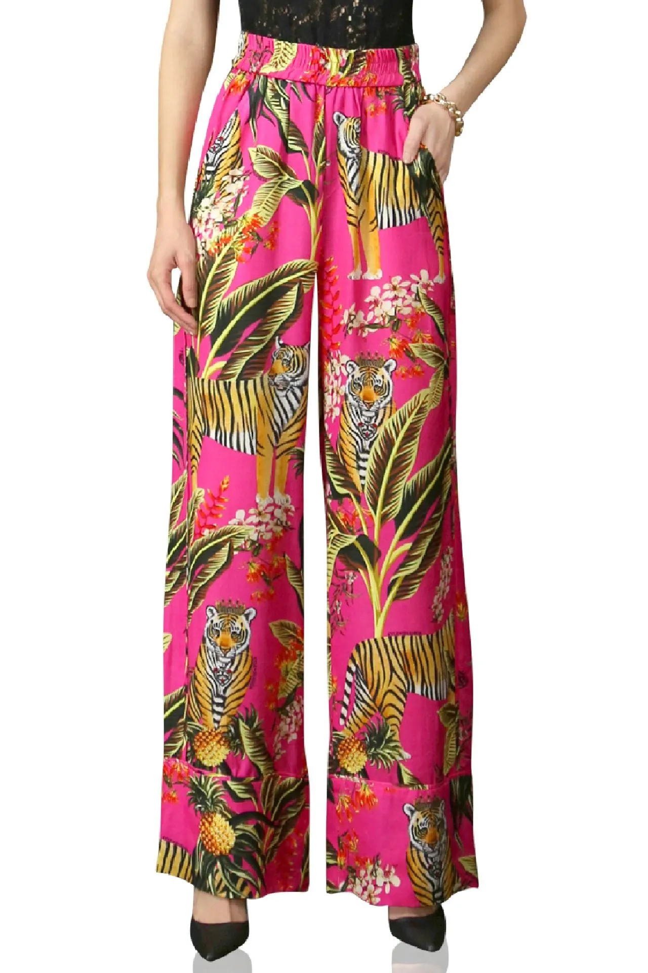 Fuchsia Straight Leg Pants-Printed