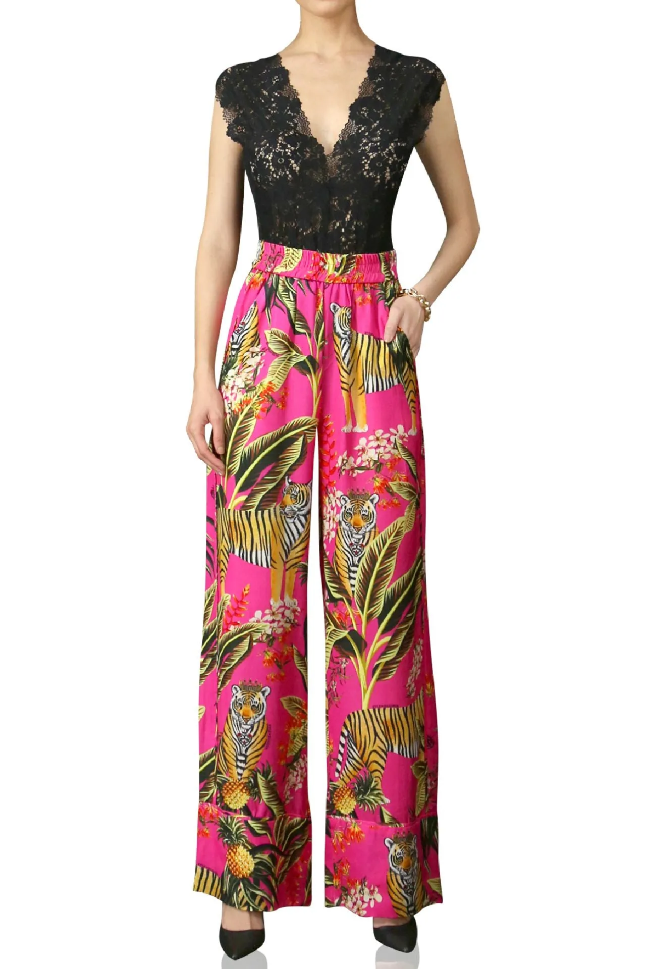 Fuchsia Straight Leg Pants-Printed