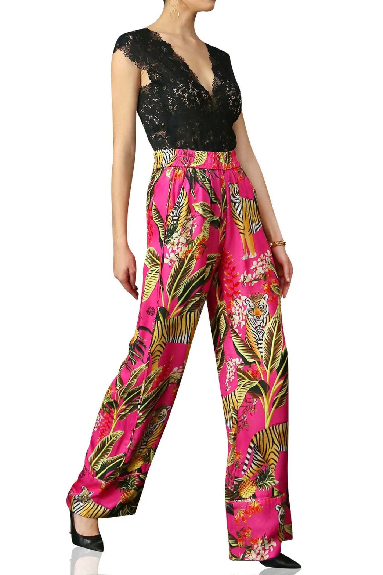 Fuchsia Straight Leg Pants-Printed