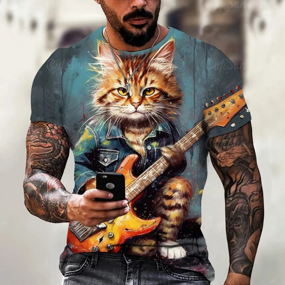 Funny T Shirt For Men Summer Short Sleeve Animal T-Shirts Rock Metal Cat 3d Print Fashion Casual Street Oversized Men's Clothing
