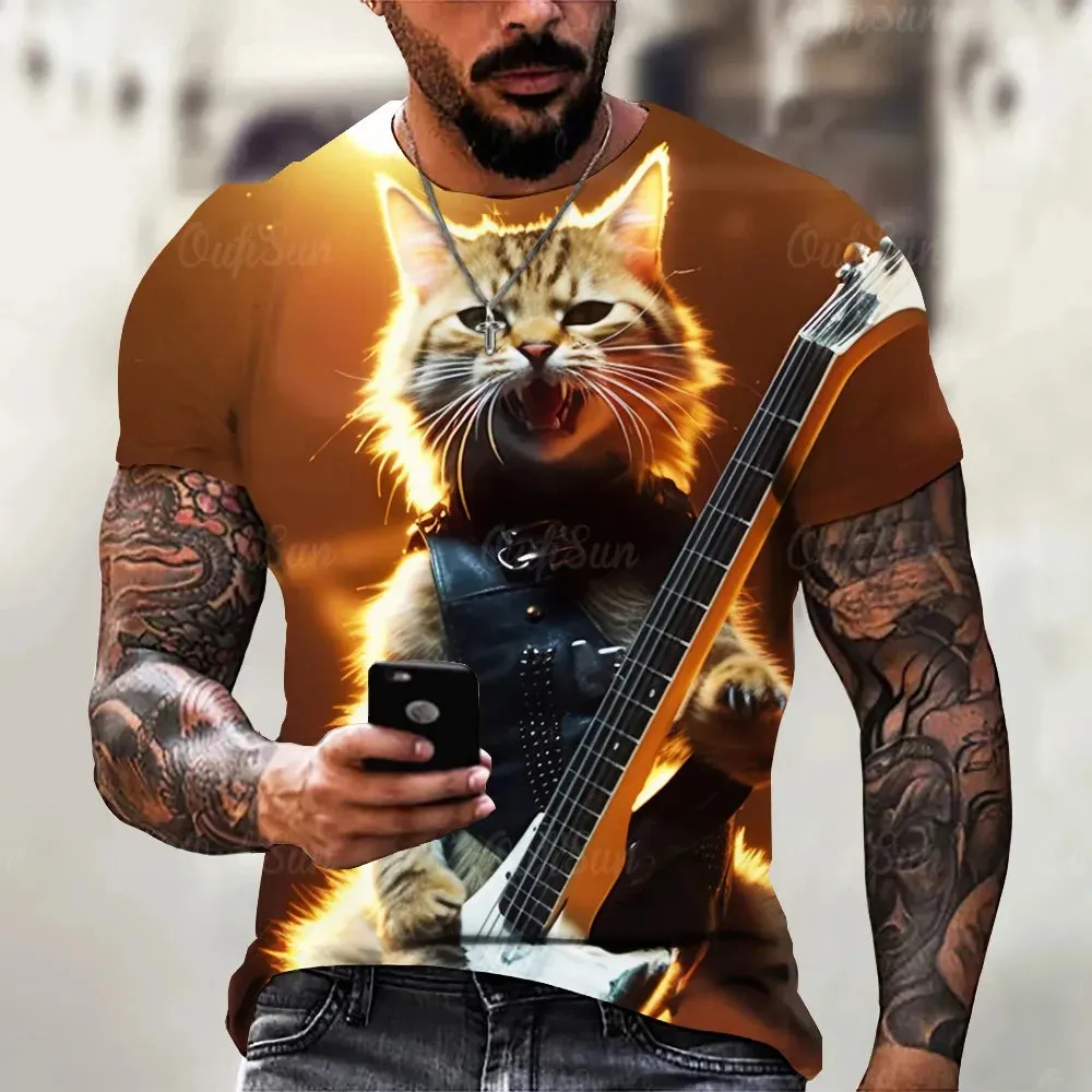 Funny T Shirt For Men Summer Short Sleeve Animal T-Shirts Rock Metal Cat 3d Print Fashion Casual Street Oversized Men's Clothing