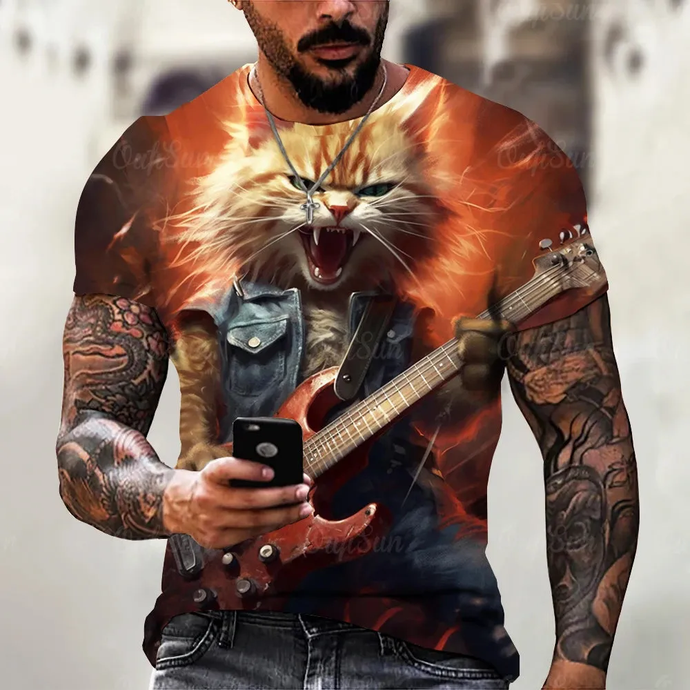 Funny T Shirt For Men Summer Short Sleeve Animal T-Shirts Rock Metal Cat 3d Print Fashion Casual Street Oversized Men's Clothing
