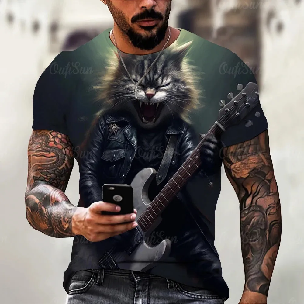Funny T Shirt For Men Summer Short Sleeve Animal T-Shirts Rock Metal Cat 3d Print Fashion Casual Street Oversized Men's Clothing