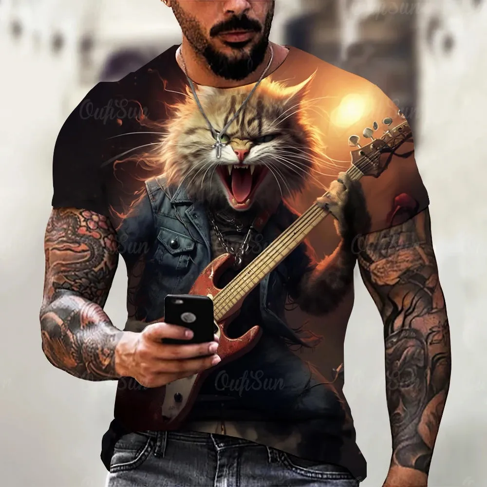 Funny T Shirt For Men Summer Short Sleeve Animal T-Shirts Rock Metal Cat 3d Print Fashion Casual Street Oversized Men's Clothing