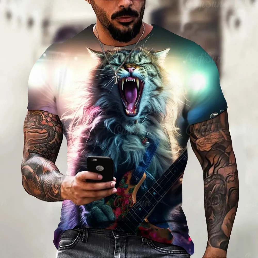 Funny T Shirt For Men Summer Short Sleeve Animal T-Shirts Rock Metal Cat 3d Print Fashion Casual Street Oversized Men's Clothing