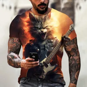 Funny T Shirt For Men Summer Short Sleeve Animal T-Shirts Rock Metal Cat 3d Print Fashion Casual Street Oversized Men's Clothing