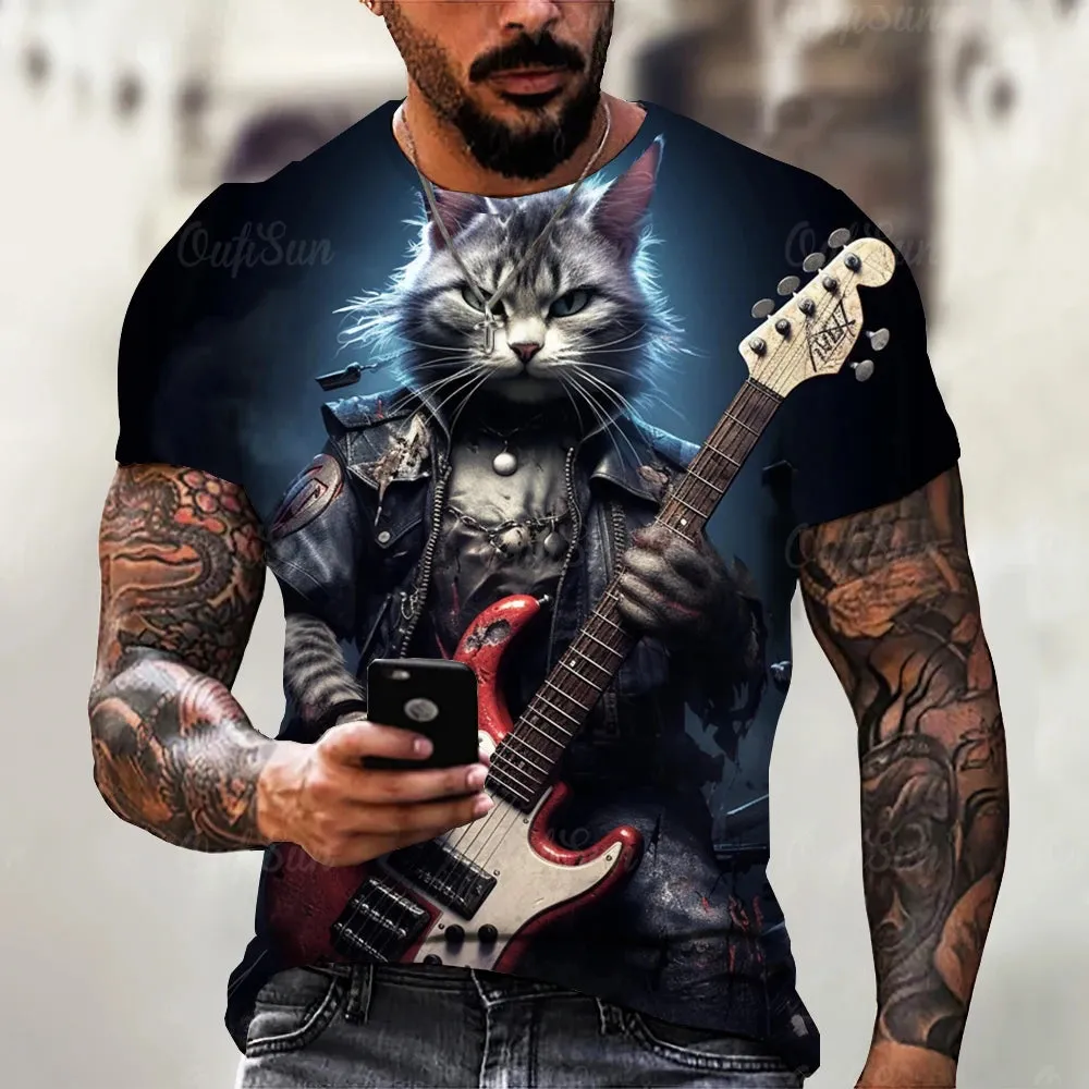 Funny T Shirt For Men Summer Short Sleeve Animal T-Shirts Rock Metal Cat 3d Print Fashion Casual Street Oversized Men's Clothing