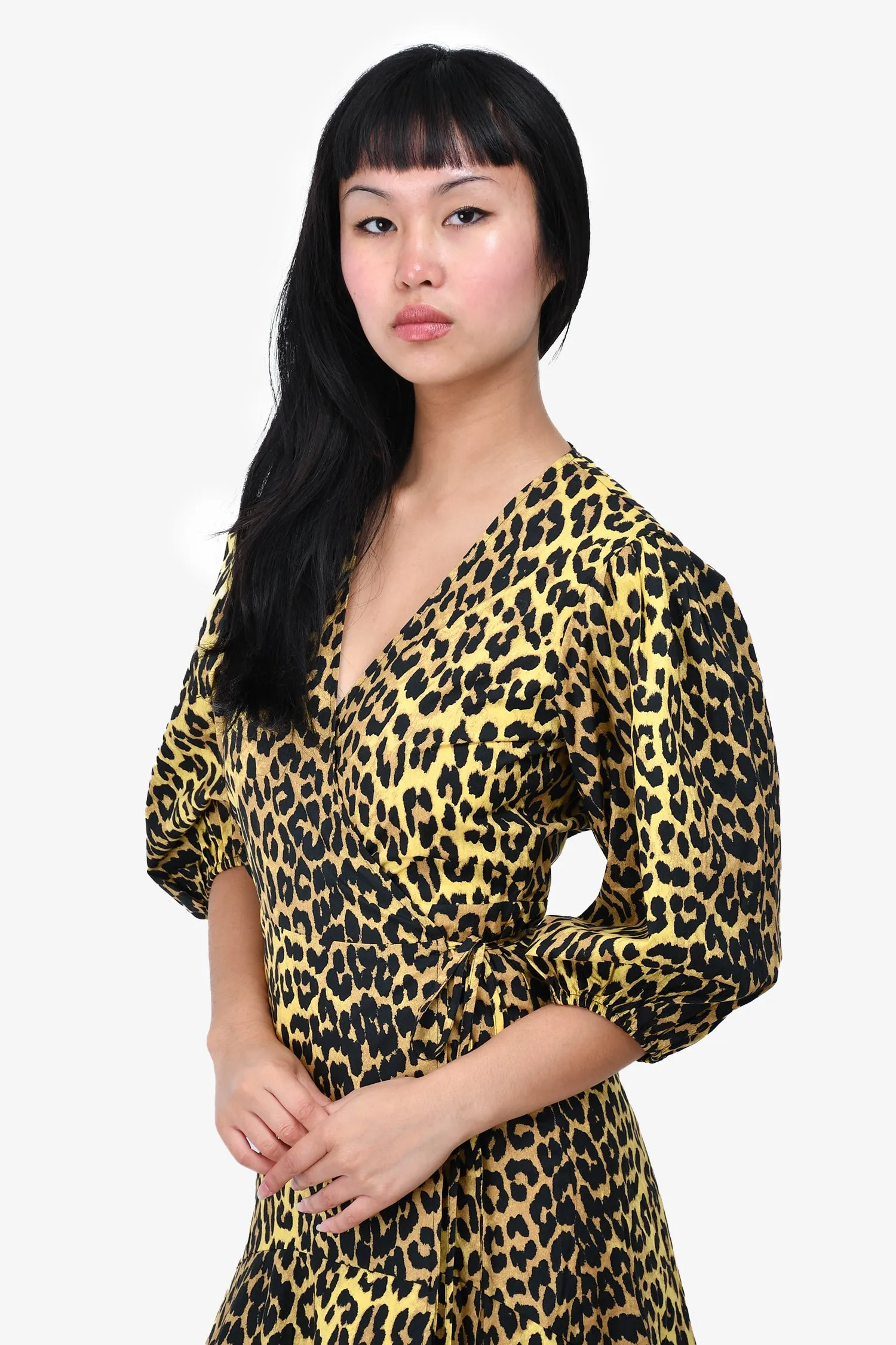 Ganni Leopard Print Puff Sleeve Layered Hem Wrap Dress Size 36