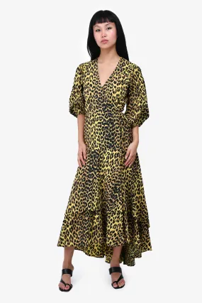 Ganni Leopard Print Puff Sleeve Layered Hem Wrap Dress Size 36