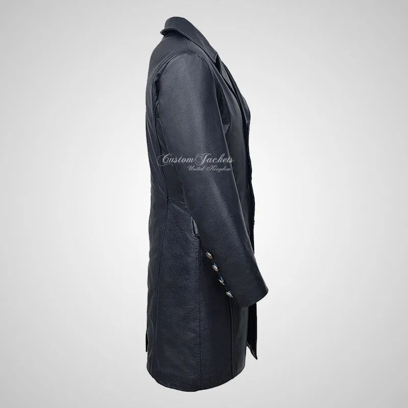 GERMAN Style 3/4 Length Mens Leather Long Coat