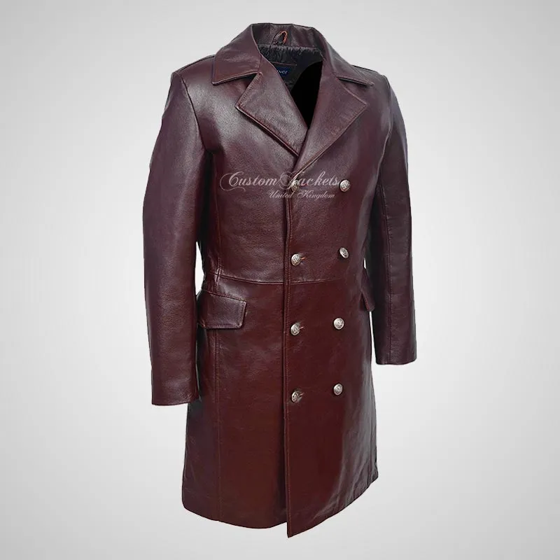 GERMAN Style 3/4 Length Mens Leather Long Coat