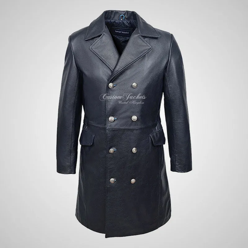 GERMAN Style 3/4 Length Mens Leather Long Coat