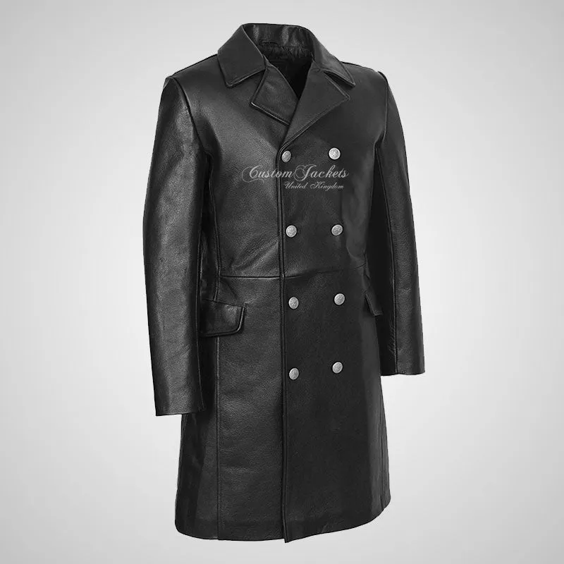 GERMAN Style 3/4 Length Mens Leather Long Coat