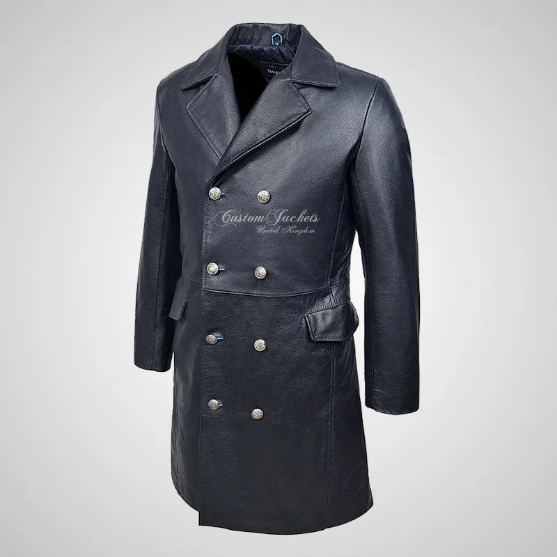 GERMAN Style 3/4 Length Mens Leather Long Coat