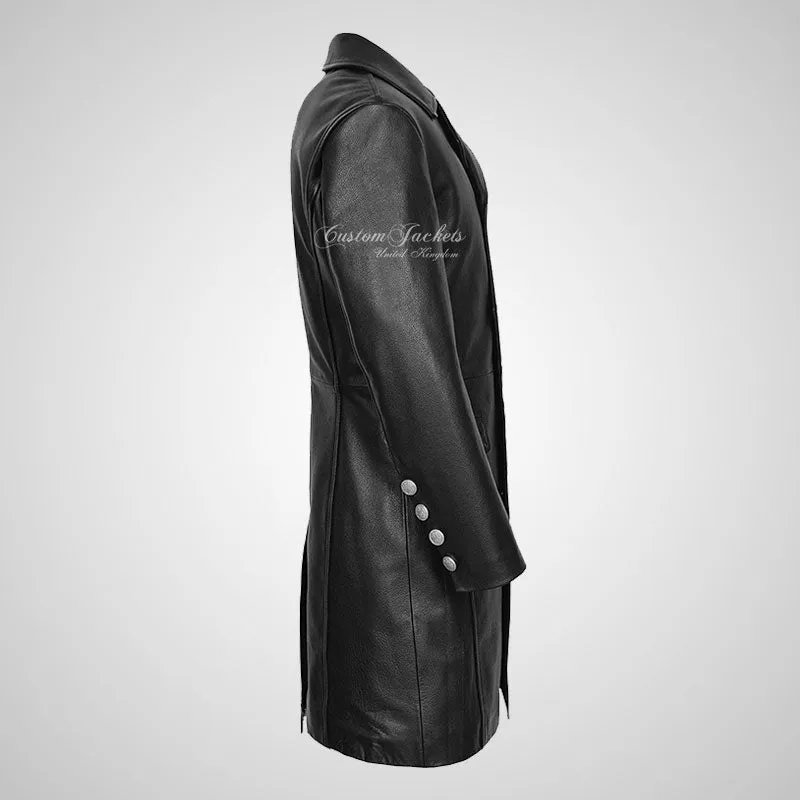 GERMAN Style 3/4 Length Mens Leather Long Coat