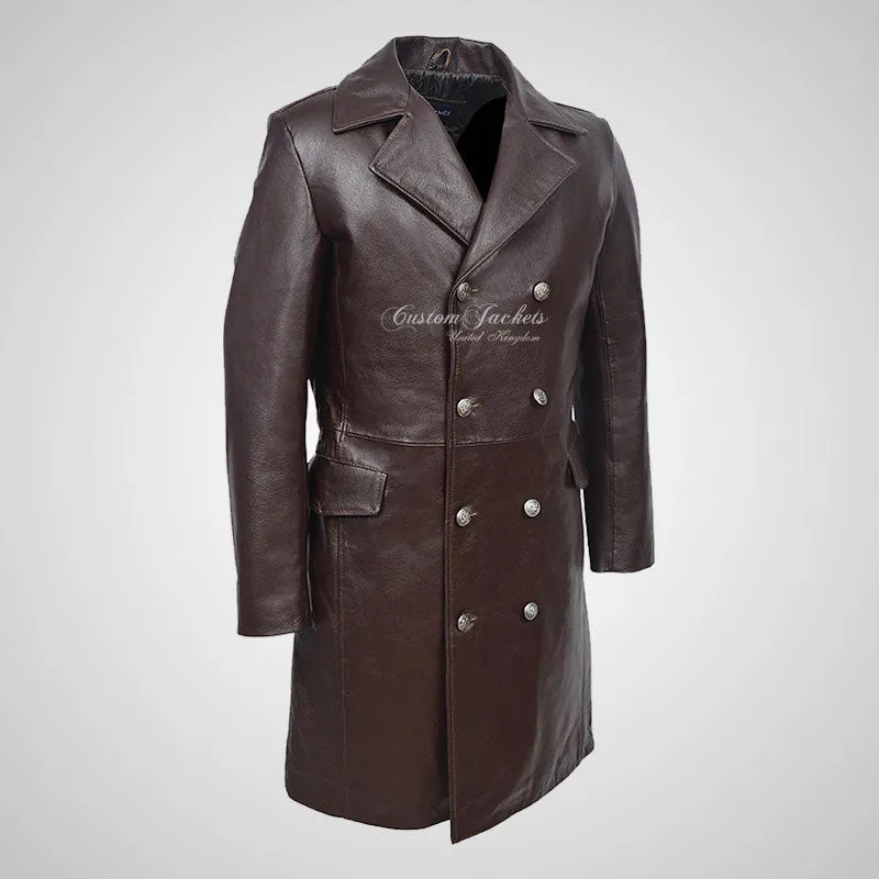 GERMAN Style 3/4 Length Mens Leather Long Coat