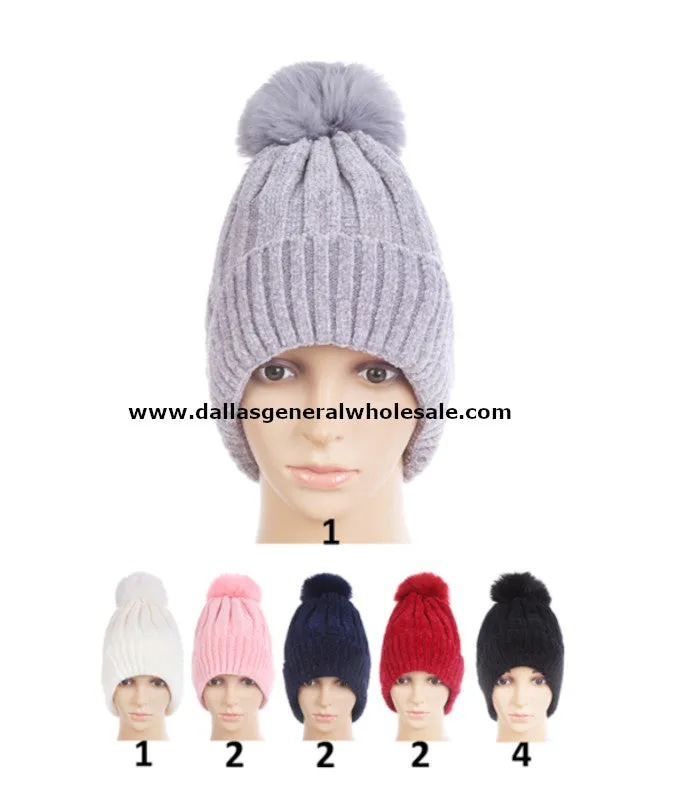 Girls Cute Trendy Fur Lining Pom Pom Beanies Wholesale