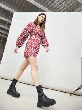 Glamorous Red Abstract Print  Long Sleeve Wrap Mini Dress