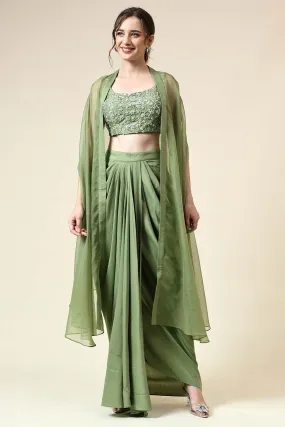 Green Embellished Top & Skirt Set With Cape