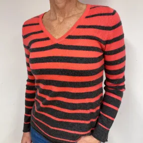 Grey and Vermillion Stripe Cashmere V-Neck Jumper Medium